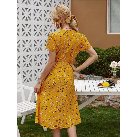 Yellow Floral Wrap Midi Dress - Picture 2 of 16